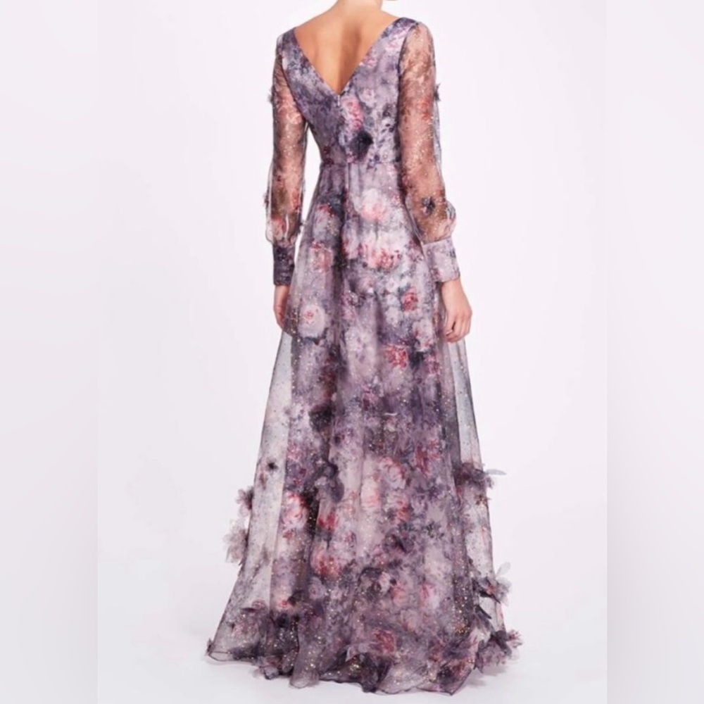 Marchesa Notte NEW Blouson Sleeve Foiled Floral Appliquéd 3D Organza Gown Sz 10 - Picture 8 of 16